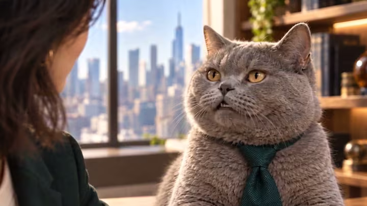 Guru, a grey cat in a green tie, facing Mika in their sunlit studio